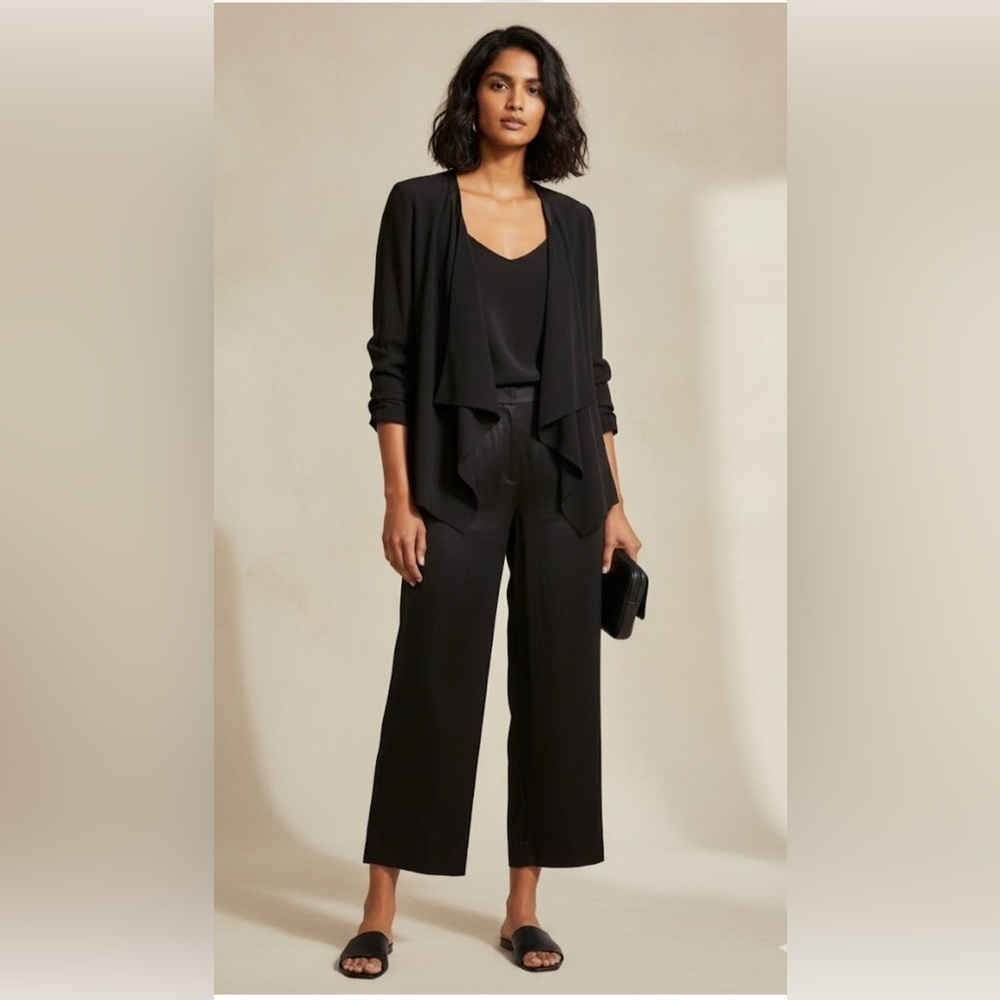 Eileen Fisher Drape Front Silk & Leather Georgette Crepe Jacket Blazer Size XL